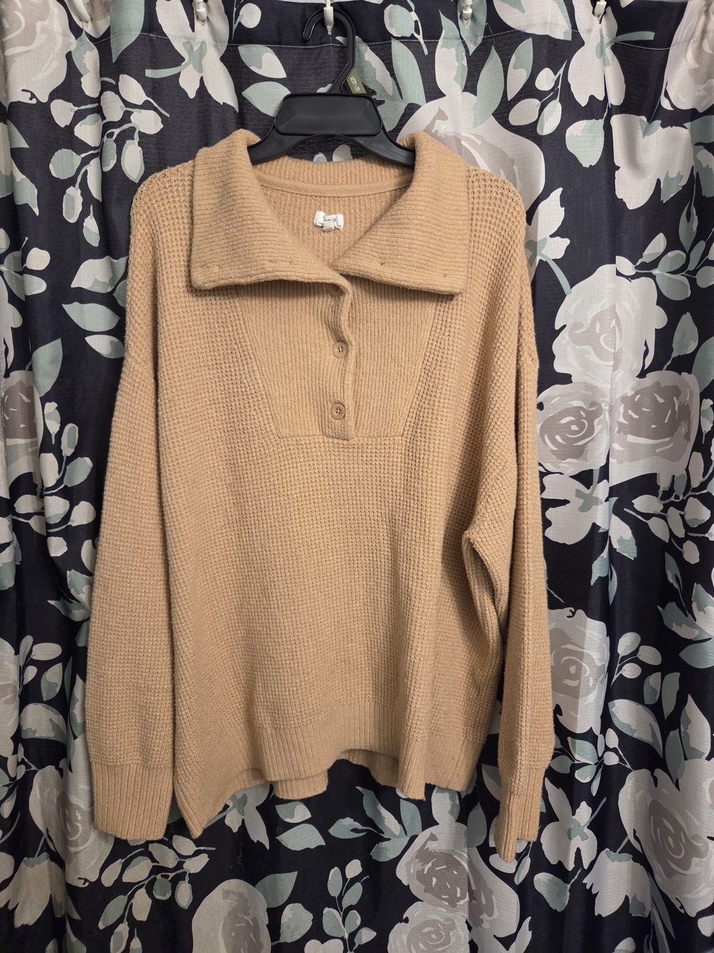 Cozy Camel Knit Pullover Sweater with Button Collar